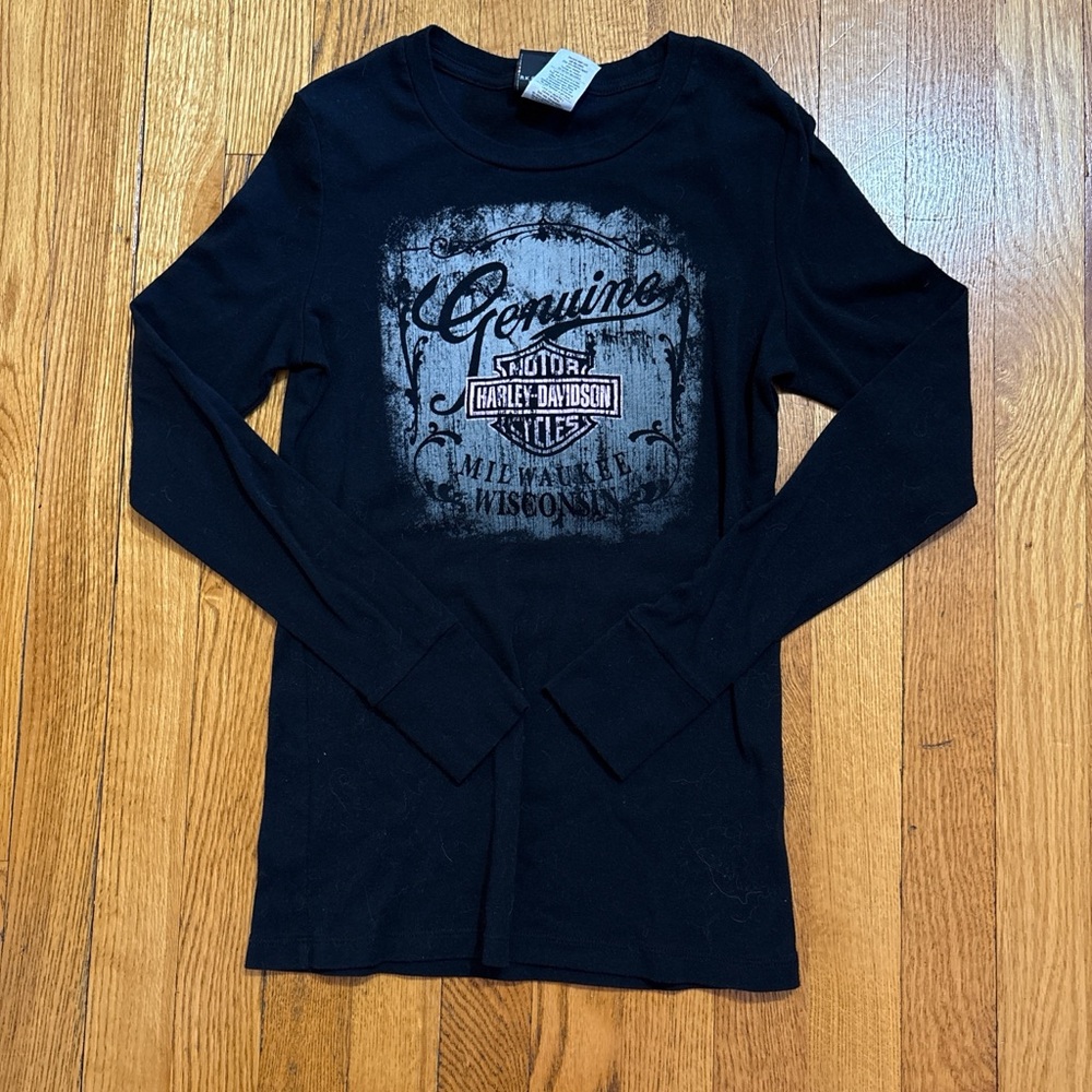 Harley-Davidson Black Long Sleeve Tee with Gray and Pink Vintage Graphic